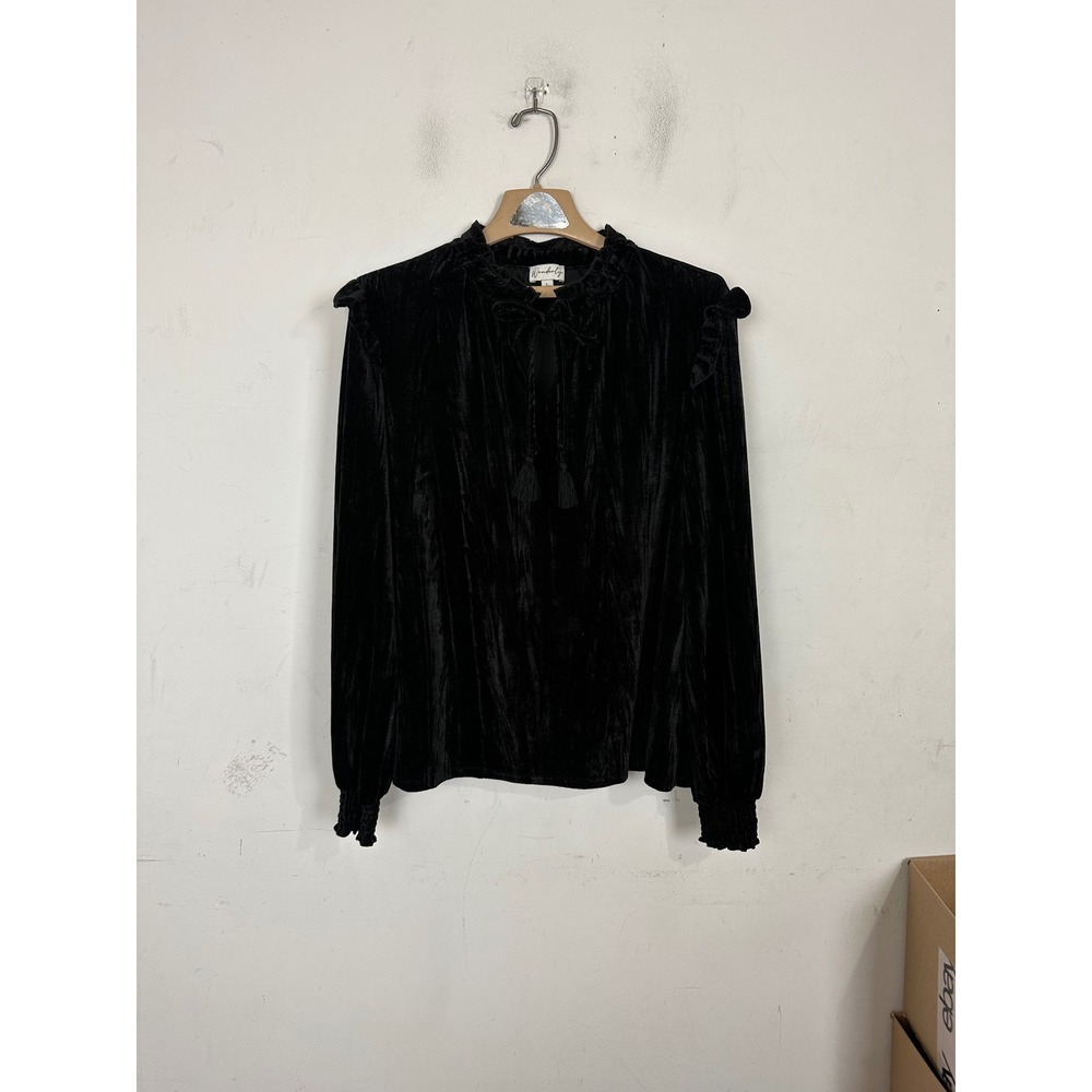 Wonderly Black Crushed Velvet Ruffle Neck Tassel Tie Blouse Large Smocked Cuff